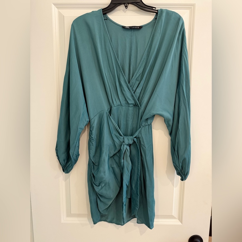 Zara Teal Long Sleeve Tie Front Mini Dress Size Medium